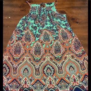 Cute teal pattern dress. Comes a few inches above knee